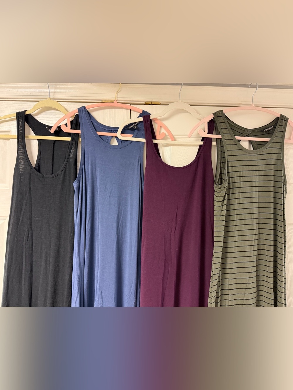 Express Sleeveless Maxi Dress Blue, Olive Green Stripe, Black, Plum XS Summer - Picture 3 of 7